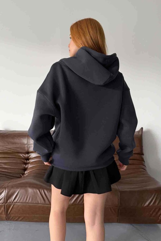 SWT-14277 Füme Affection Yazı Baskılı Kapüşonlu Üç İplik Şardonlu Sweastshirt - 3