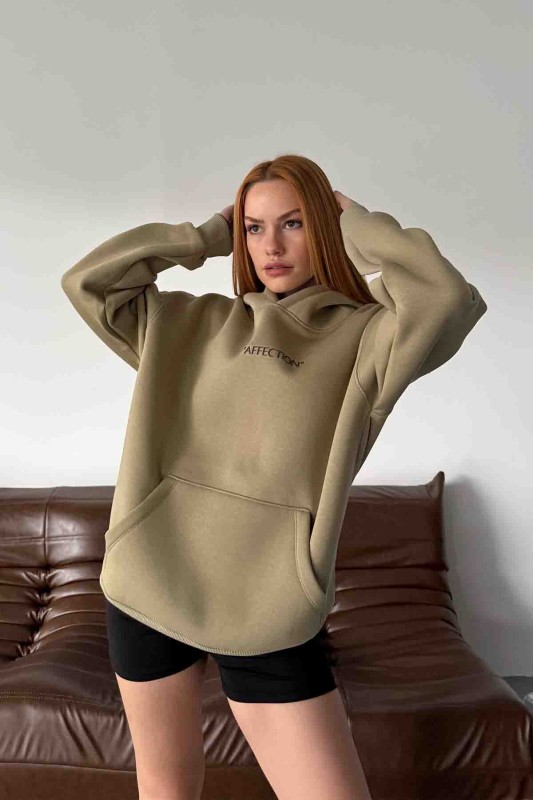 SWT-14277 Haki Affection Yazı Baskılı Kapüşonlu Üç İplik Şardonlu Sweastshirt - 1
