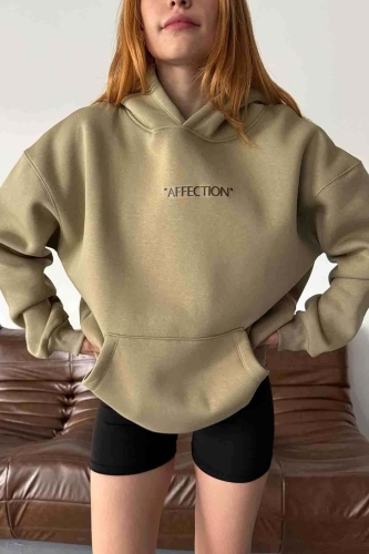 SWT-14277 Haki Affection Yazı Baskılı Kapüşonlu Üç İplik Şardonlu Sweastshirt - Cappmoda (1)