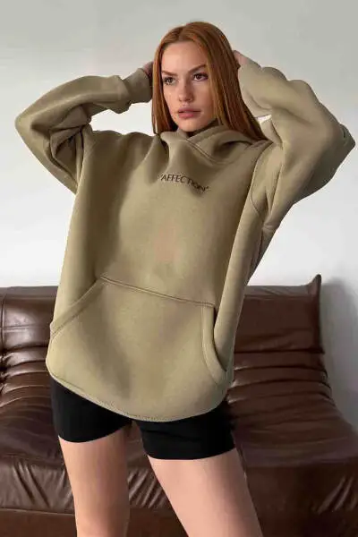 SWT-14277 Haki Affection Yazı Baskılı Kapüşonlu Üç İplik Şardonlu Sweastshirt 