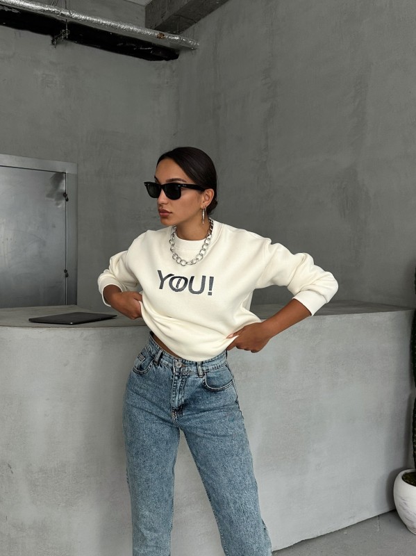 SWT-14278 Ekru You Yazı Baskılı Üç İplik Şardonlu Sweatshirt - 3
