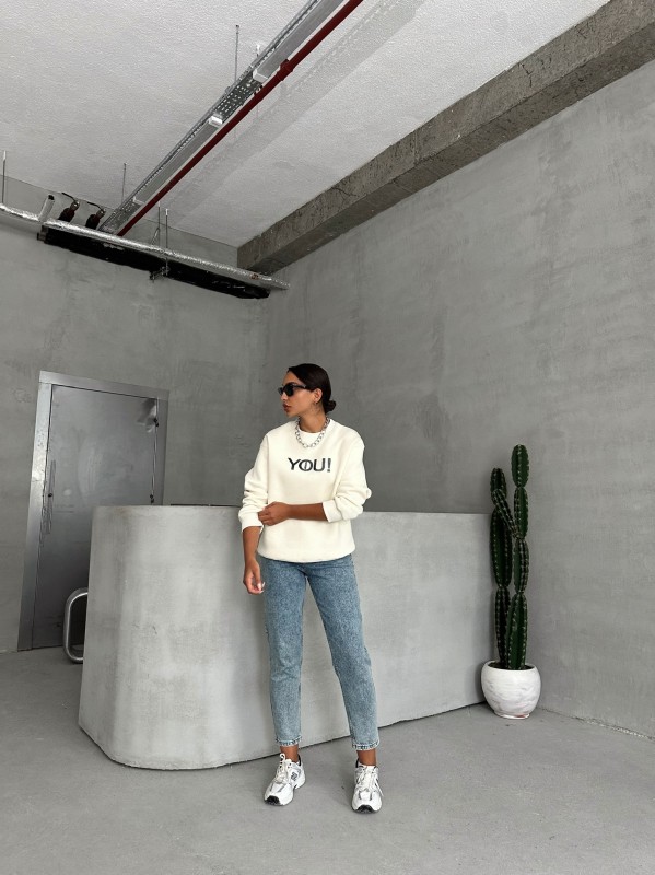 SWT-14278 Ekru You Yazı Baskılı Üç İplik Şardonlu Sweatshirt - 4