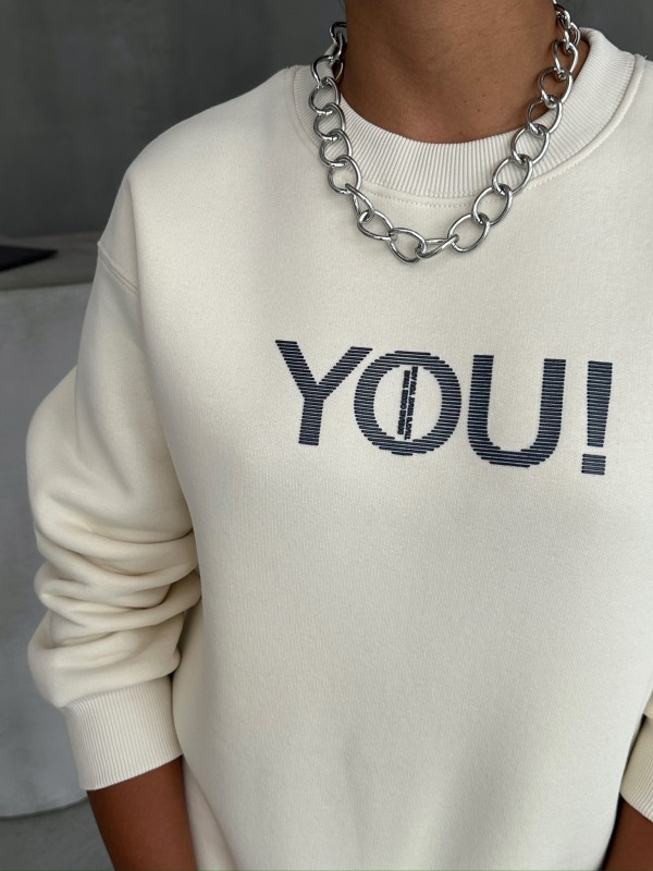 SWT-14278 Ekru You Yazı Baskılı Üç İplik Şardonlu Sweatshirt - 5