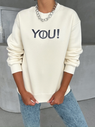 SWT-14278 Ekru You Yazı Baskılı Üç İplik Şardonlu Sweatshirt - 2