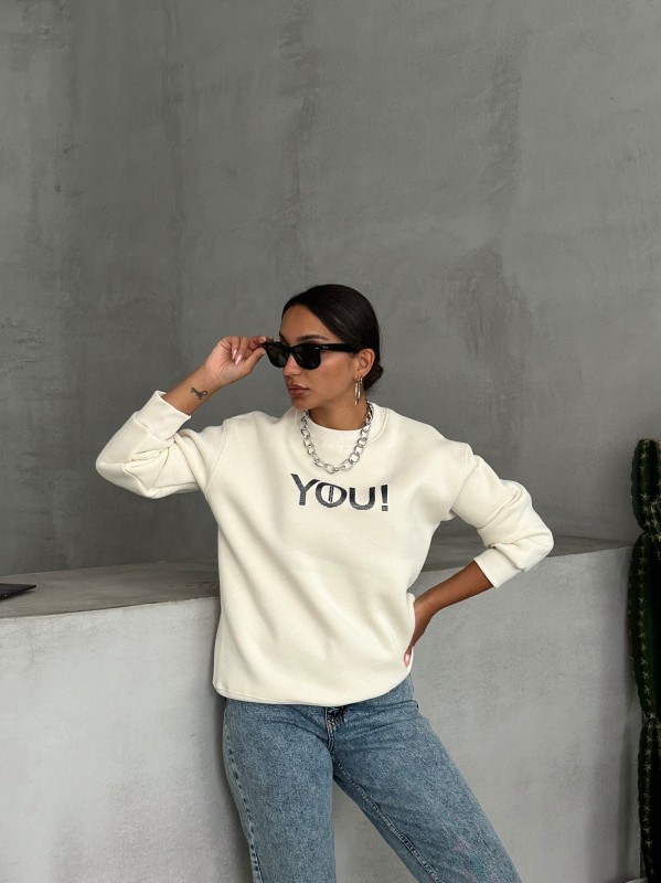 SWT-14278 Ekru You Yazı Baskılı Üç İplik Şardonlu Sweatshirt - 1
