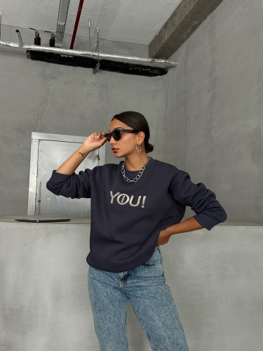 SWT-14278 Füme You Yazı Baskılı Üç İplik Şardonlu Sweatshirt 
