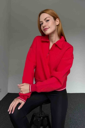 SWT-14280 Kırmızı Fermuarlı Kol Bel Şerit Detaylı Dik Yaka Sweatshirt 
