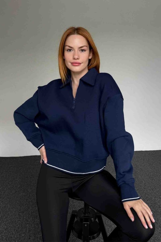 SWT-14280 Lacivert Fermuarlı Kol Bel Şerit Detaylı Dik Yaka Sweatshirt - 2