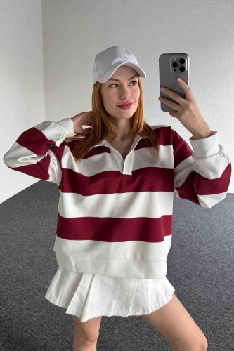 SWT-14281 Bordo Beyaz Çizgili Polo V Yaka Salaş Sweatshirt 