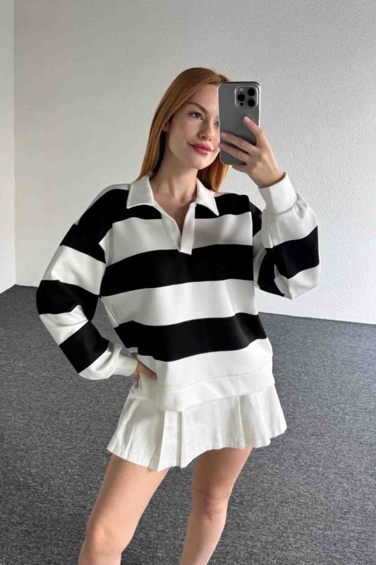 SWT-14281 Siyah Beyaz Çizgili Polo V Yaka Salaş Sweatshirt - 1
