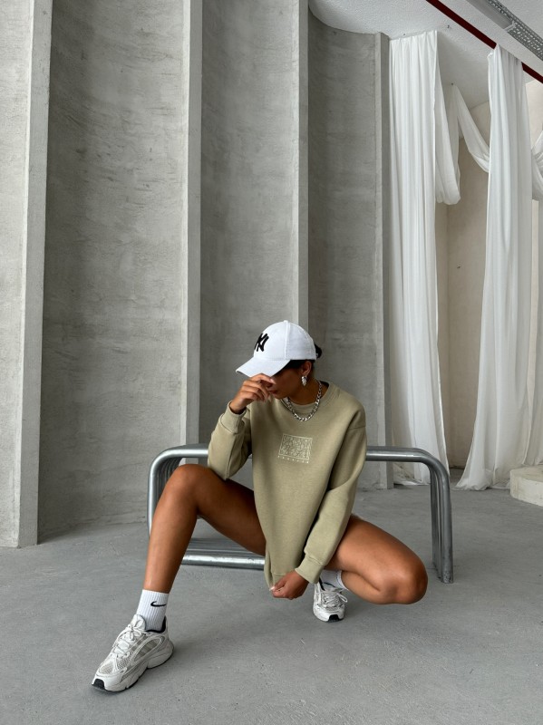 SWT-14283 Haki Forever Yazı Baskılı Üç İplik Şardonlu Bisiklet Yaka Sweatshirt - 2
