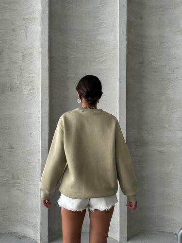 SWT-14283 Haki Forever Yazı Baskılı Üç İplik Şardonlu Bisiklet Yaka Sweatshirt - 4