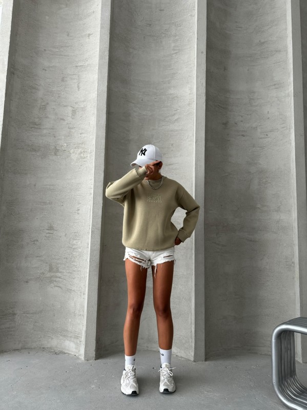 SWT-14283 Haki Forever Yazı Baskılı Üç İplik Şardonlu Bisiklet Yaka Sweatshirt - 1