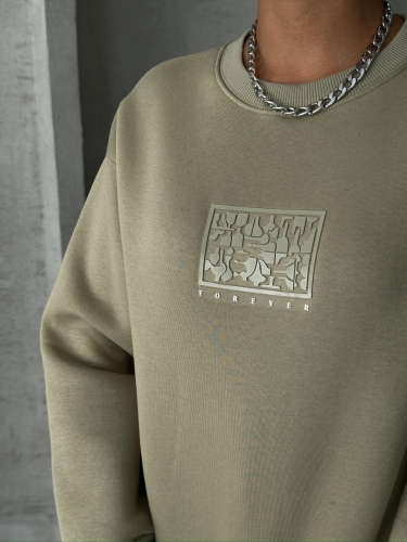 SWT-14283 Haki Forever Yazı Baskılı Üç İplik Şardonlu Bisiklet Yaka Sweatshirt - 3