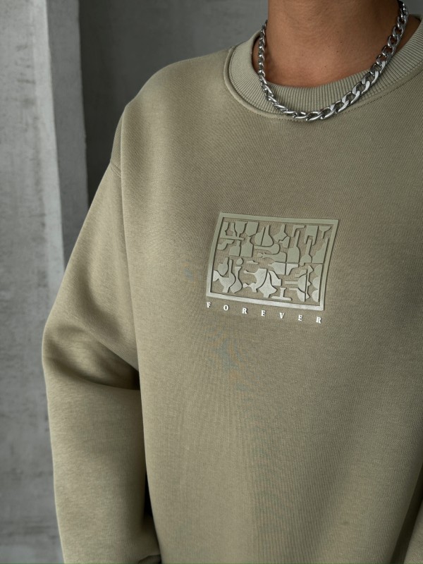 SWT-14283 Haki Forever Yazı Baskılı Üç İplik Şardonlu Bisiklet Yaka Sweatshirt - 3