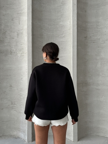 SWT-14283 Siyah Forever Yazı Baskılı Üç İplik Şardonlu Bisiklet Yaka Sweatshirt - 4