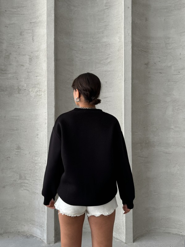 SWT-14283 Siyah Forever Yazı Baskılı Üç İplik Şardonlu Bisiklet Yaka Sweatshirt - 4