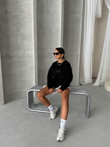SWT-14283 Siyah Forever Yazı Baskılı Üç İplik Şardonlu Bisiklet Yaka Sweatshirt 