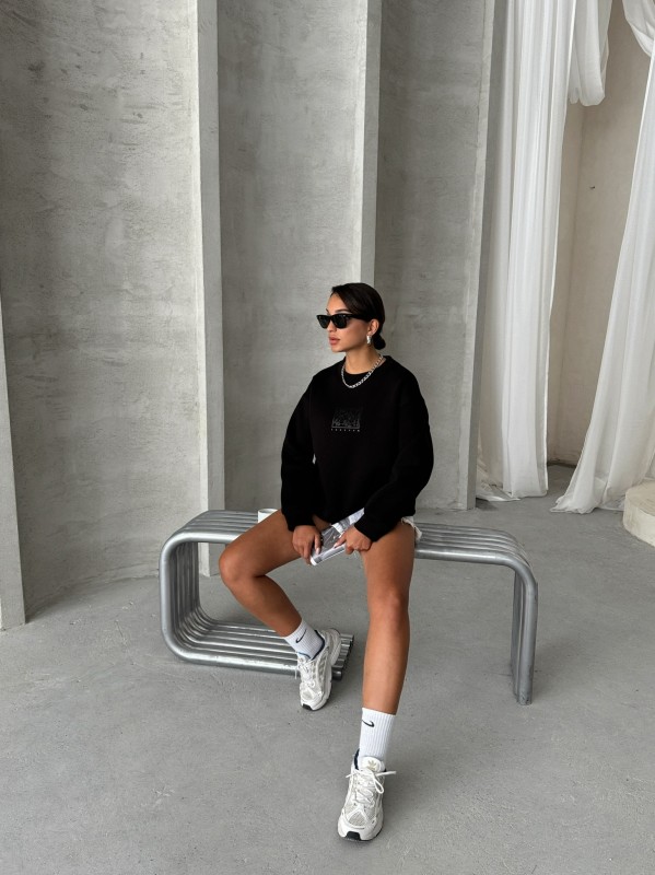 SWT-14283 Siyah Forever Yazı Baskılı Üç İplik Şardonlu Bisiklet Yaka Sweatshirt - 1