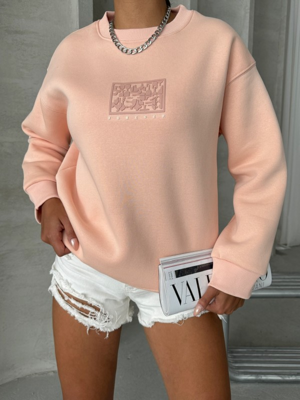SWT-14283 Pudra Forever Yazı Baskılı Üç İplik Şardonlu Bisiklet Yaka Sweatshirt - 2