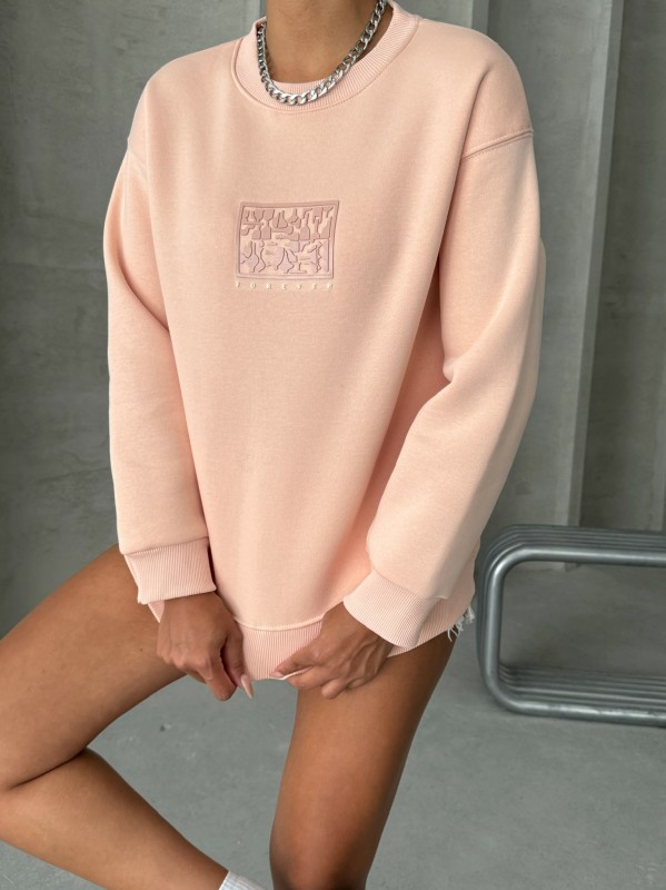 SWT-14283 Pudra Forever Yazı Baskılı Üç İplik Şardonlu Bisiklet Yaka Sweatshirt - 3