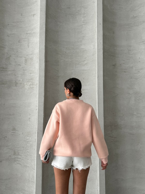 SWT-14283 Pudra Forever Yazı Baskılı Üç İplik Şardonlu Bisiklet Yaka Sweatshirt - 4