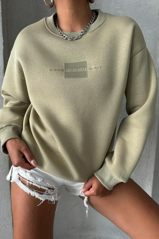 SWT-14284 Haki Kabartma Yazı Baskılı Bisiklet Yaka Sweatshirt - 3