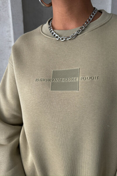 SWT-14284 Haki Kabartma Yazı Baskılı Bisiklet Yaka Sweatshirt - 5