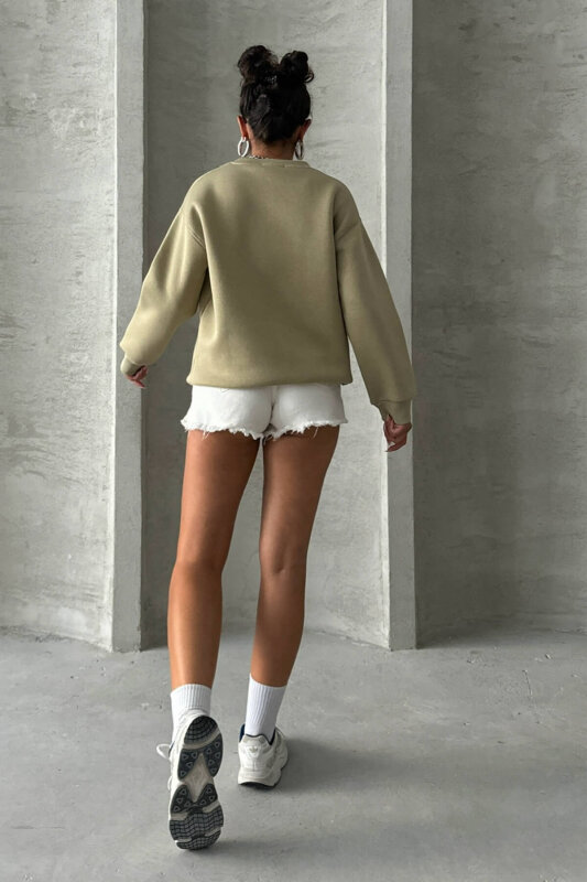 SWT-14284 Haki Kabartma Yazı Baskılı Bisiklet Yaka Sweatshirt - 6