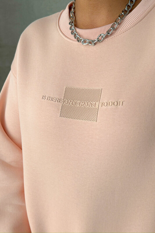 SWT-14284 Pudra Kabartma Yazı Baskılı Bisiklet Yaka Sweatshirt - 3