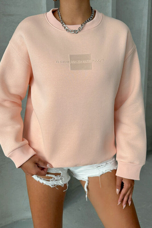 SWT-14284 Pudra Kabartma Yazı Baskılı Bisiklet Yaka Sweatshirt - 4