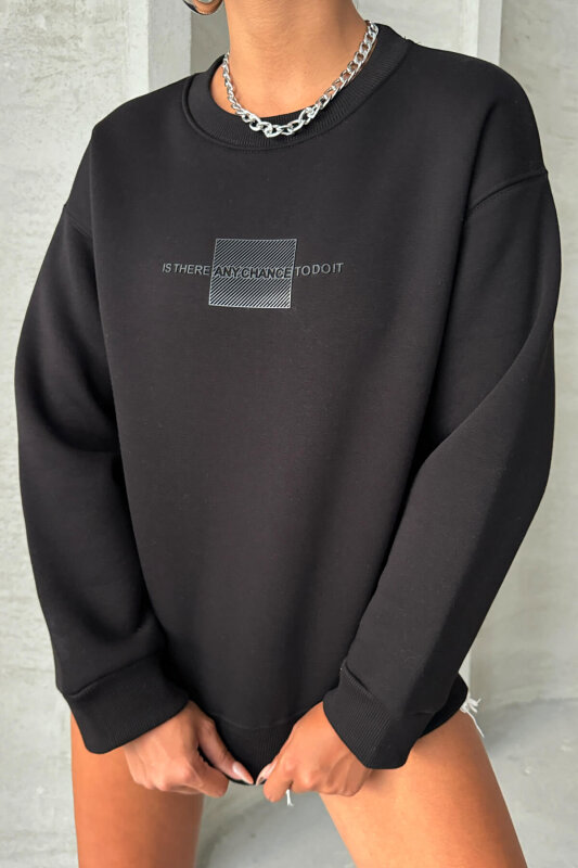 SWT-14284 Siyah Kabartma Yazı Baskılı Bisiklet Yaka Sweatshirt - 3