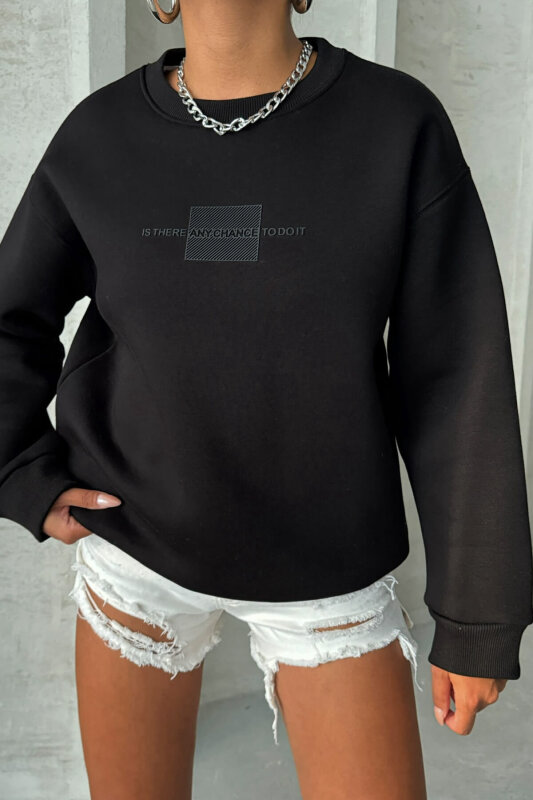 SWT-14284 Siyah Kabartma Yazı Baskılı Bisiklet Yaka Sweatshirt - 4