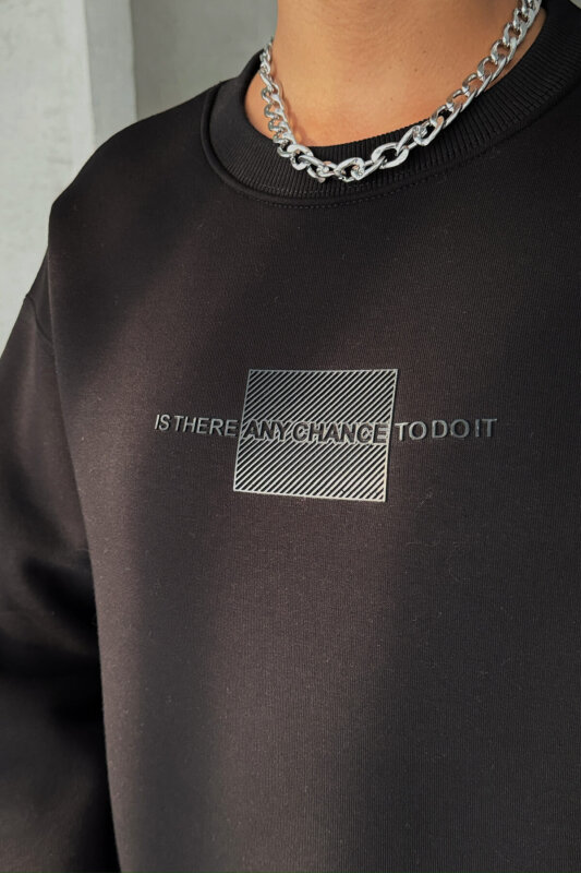 SWT-14284 Siyah Kabartma Yazı Baskılı Bisiklet Yaka Sweatshirt - 5