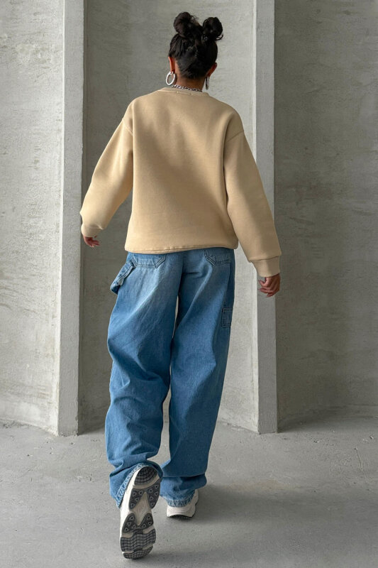 SWT-14284 Vizon Kabartma Yazı Baskılı Bisiklet Yaka Sweatshirt - 3