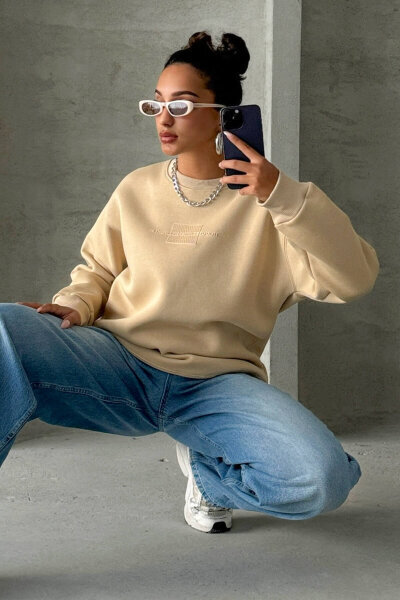 SWT-14284 Vizon Kabartma Yazı Baskılı Bisiklet Yaka Sweatshirt - 4