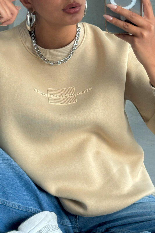 SWT-14284 Vizon Kabartma Yazı Baskılı Bisiklet Yaka Sweatshirt - 5