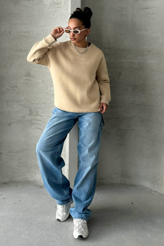 SWT-14284 Vizon Kabartma Yazı Baskılı Bisiklet Yaka Sweatshirt - 2