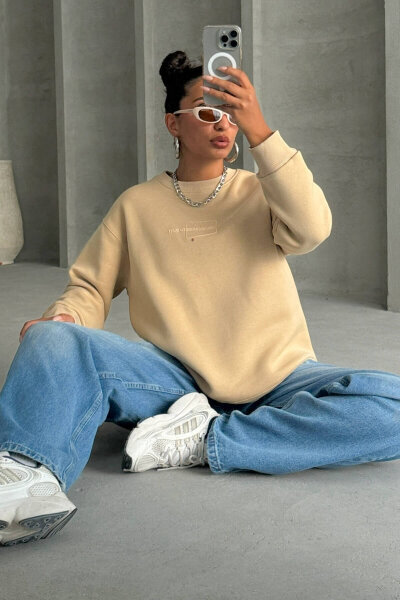 SWT-14284 Vizon Kabartma Yazı Baskılı Bisiklet Yaka Sweatshirt 