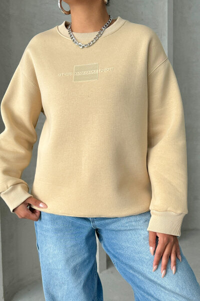 SWT-14284 Vizon Kabartma Yazı Baskılı Bisiklet Yaka Sweatshirt - 6