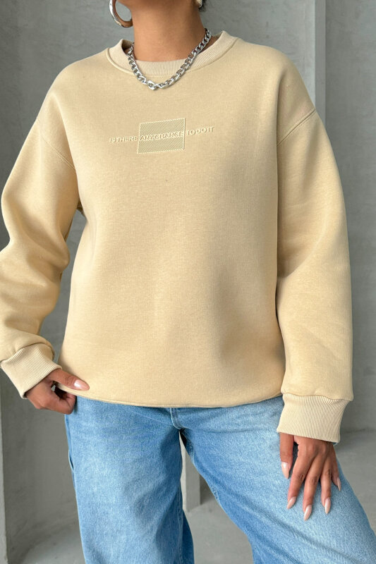SWT-14284 Vizon Kabartma Yazı Baskılı Bisiklet Yaka Sweatshirt - 6