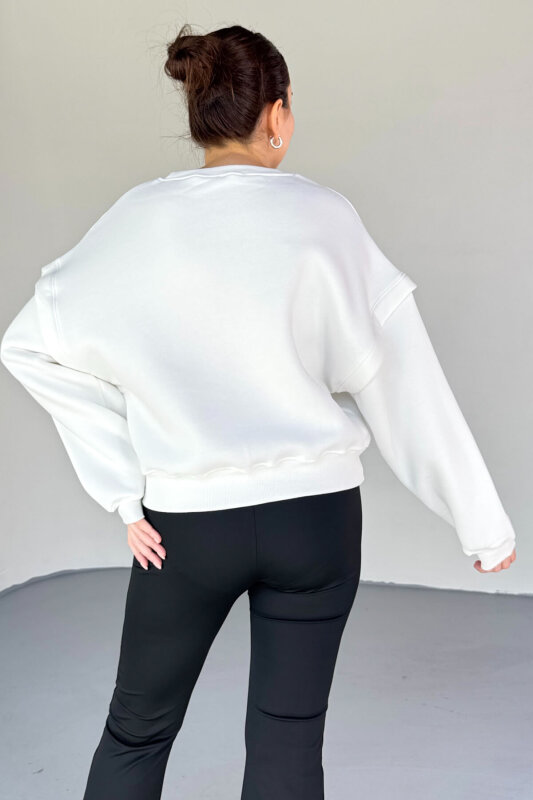 SWT-1653 Beyaz X Dikişli Kol Parçalı Oversize Sweatshirt - 4