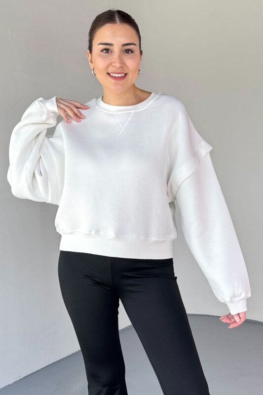SWT-1653 Beyaz X Dikişli Kol Parçalı Oversize Sweatshirt - 2