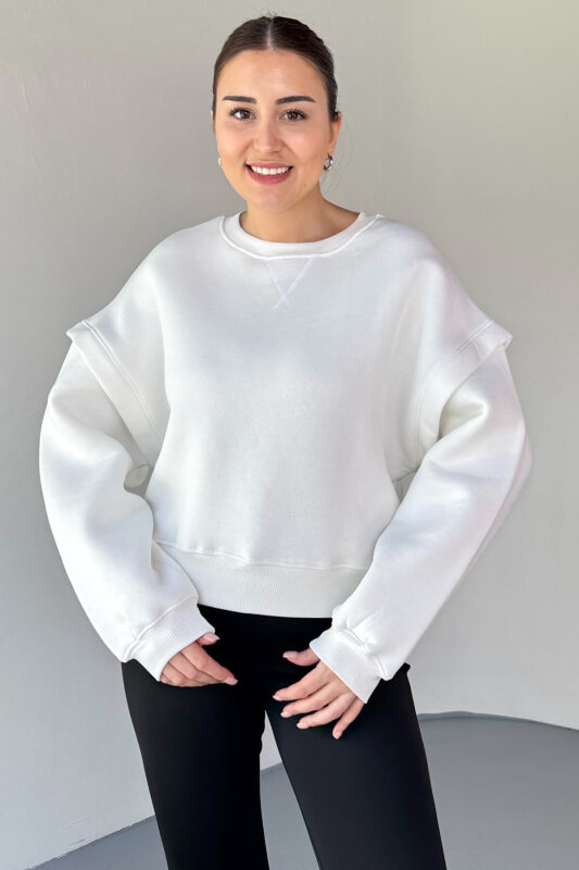 SWT-1653 Beyaz X Dikişli Kol Parçalı Oversize Sweatshirt - 5