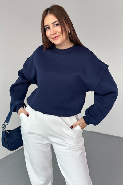 SWT-1653 Lacivert X Dikişli Kol Parçalı Oversize Sweatshirt - 1