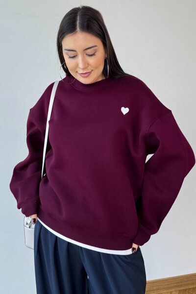 SWT-1667 Bordo Kalp Nakışlı Oversize Şardonlu Üç İplik Kompakt Penye Kumaş Sweatshirt - 2