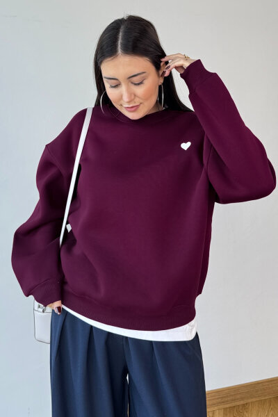 SWT-1667 Bordo Kalp Nakışlı Oversize Şardonlu Üç İplik Kompakt Penye Kumaş Sweatshirt - 3