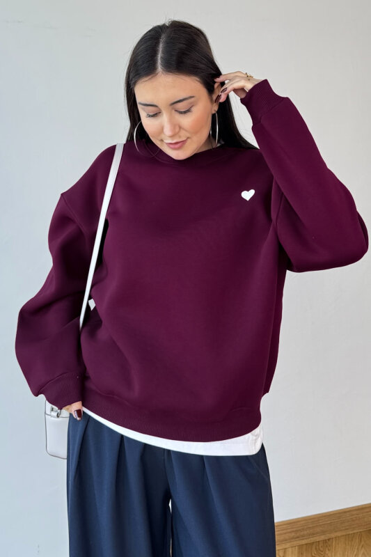 SWT-1667 Bordo Kalp Nakışlı Oversize Şardonlu Üç İplik Kompakt Penye Kumaş Sweatshirt - 3