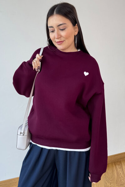 SWT-1667 Bordo Kalp Nakışlı Oversize Şardonlu Üç İplik Kompakt Penye Kumaş Sweatshirt 