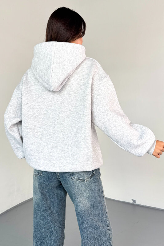 SWT-1682 Gri Chicago Baskılı Kapüşonlu Kanguru Cep Hoodie - 4